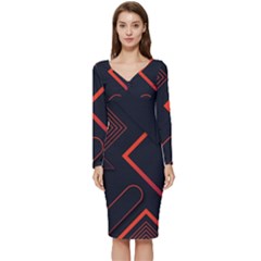 Gradient-geometric-shapes-dark-background-design Long Sleeve V-neck Bodycon Dress  by Salman4z