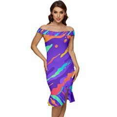 Multicolored-abstract-background Off Shoulder Ruffle Split Hem Bodycon Dress by Salman4z