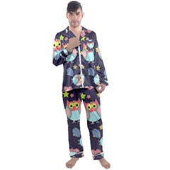 Owl-stars-pattern-background Men s Long Sleeve Satin Pajamas Set by Salman4z