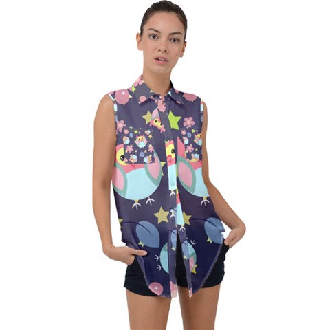 Owl-stars-pattern-background Sleeveless Chiffon Button Shirt by Salman4z