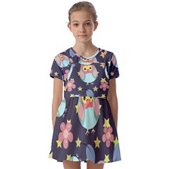 Owl-stars-pattern-background Kids  Short Sleeve Pinafore Style Dress by Salman4z