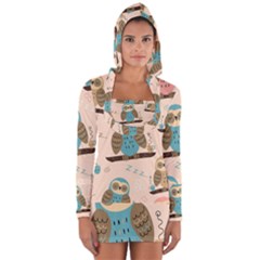 Seamless-pattern-owls-dream-cute-style-pajama-fabric Long Sleeve Hooded T-shirt by Salman4z