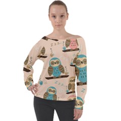 Seamless-pattern-owls-dream-cute-style-pajama-fabric Off Shoulder Long Sleeve Velour Top by Salman4z