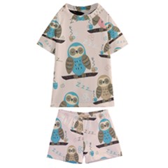 Seamless-pattern-owls-dream-cute-style-pajama-fabric Kids  Swim Tee And Shorts Set by Salman4z