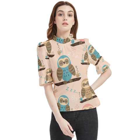 Seamless-pattern-owls-dream-cute-style-pajama-fabric Frill Neck Blouse by Salman4z