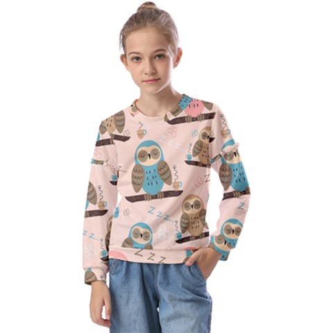 Seamless-pattern-owls-dream-cute-style-pajama-fabric Kids  Long Sleeve Tee With Frill  by Salman4z