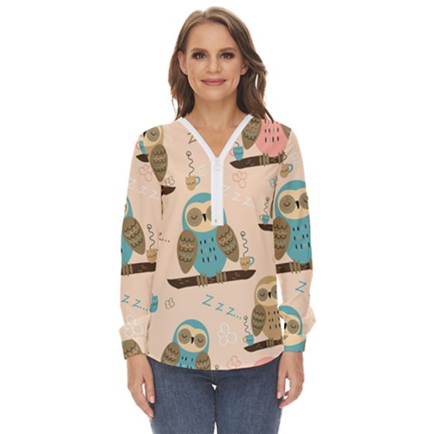 Seamless-pattern-owls-dream-cute-style-pajama-fabric Zip Up Long Sleeve Blouse by Salman4z