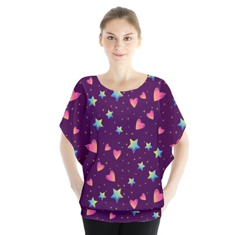 Colorful-stars-hearts-seamless-vector-pattern Batwing Chiffon Blouse by Salman4z