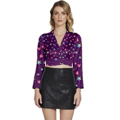 Colorful-stars-hearts-seamless-vector-pattern Long Sleeve Tie Back Satin Wrap Top by Salman4z