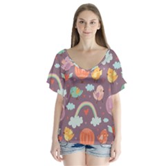 Cute-seamless-pattern-with-doodle-birds-balloons V-neck Flutter Sleeve Top by Salman4z