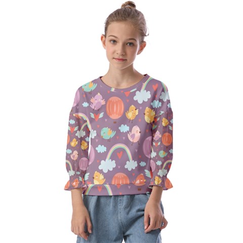 Cute-seamless-pattern-with-doodle-birds-balloons Kids  Cuff Sleeve Top by Salman4z