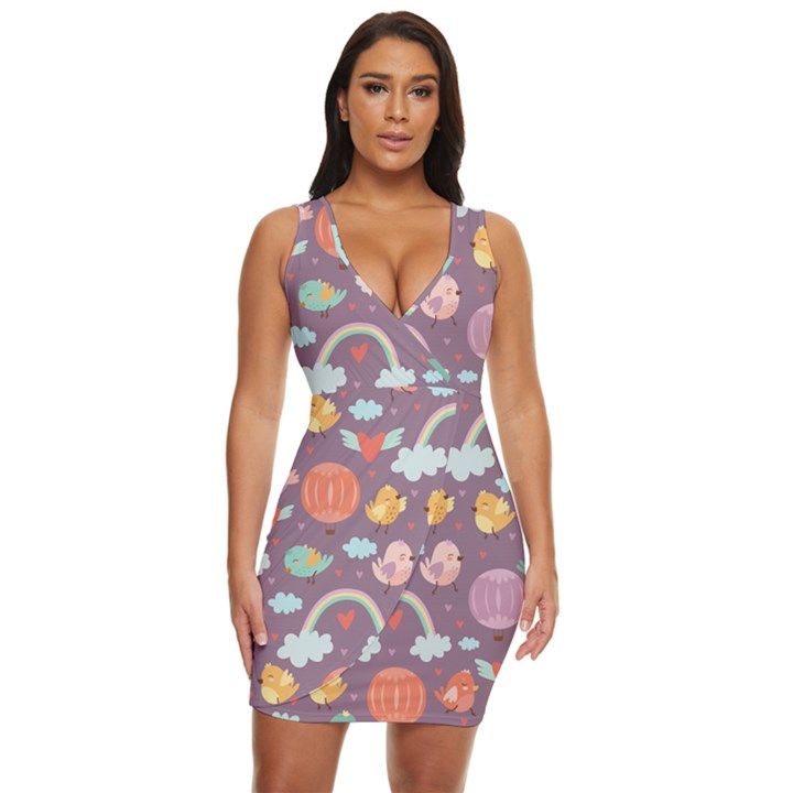 Cute-seamless-pattern-with-doodle-birds-balloons Draped Bodycon Dress