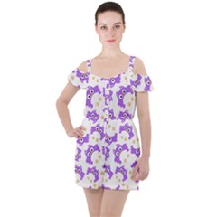 Purple-owl-pattern-background Ruffle Cut Out Chiffon Playsuit by Salman4z