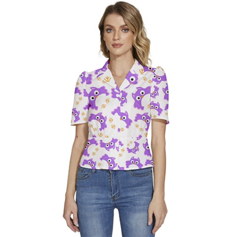 Purple-owl-pattern-background Puffed Short Sleeve Button Up Jacket by Salman4z