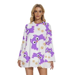 Purple-owl-pattern-background Round Neck Long Sleeve Bohemian Style Chiffon Mini Dress by Salman4z