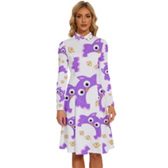 Purple-owl-pattern-background Long Sleeve Shirt Collar A-line Dress by Salman4z