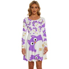 Purple-owl-pattern-background Long Sleeve Wide Neck Velvet Dress by Salman4z