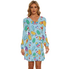 Cute-kawaii-ice-cream-seamless-pattern Long Sleeve Waist Tie Ruffle Velvet Dress by Salman4z