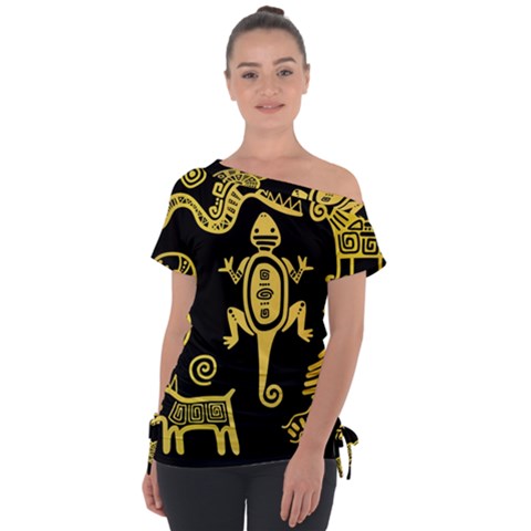 Mexican-culture-golden-tribal-icons Off Shoulder Tie-up Tee by Salman4z