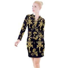 Mexican-culture-golden-tribal-icons Button Long Sleeve Dress by Salman4z