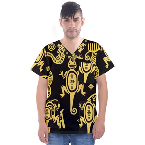 Mexican-culture-golden-tribal-icons Men s V-neck Scrub Top by Salman4z