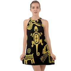 Mexican-culture-golden-tribal-icons Halter Tie Back Chiffon Dress by Salman4z