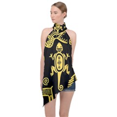 Mexican-culture-golden-tribal-icons Halter Asymmetric Satin Top by Salman4z