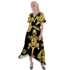 Mexican-culture-golden-tribal-icons Cross Front Sharkbite Hem Maxi Dress by Salman4z