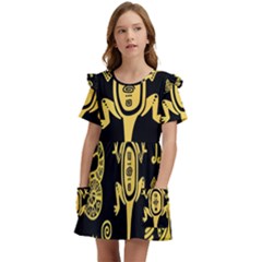 Mexican-culture-golden-tribal-icons Kids  Frilly Sleeves Pocket Dress by Salman4z