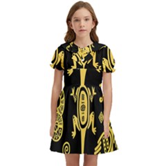 Mexican-culture-golden-tribal-icons Kids  Bow Tie Puff Sleeve Dress by Salman4z