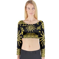 Maya-style-gold-linear-totem-icons Long Sleeve Crop Top by Salman4z