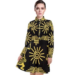 Maya-style-gold-linear-totem-icons Long Sleeve Chiffon Shirt Dress by Salman4z