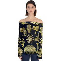 Maya-style-gold-linear-totem-icons Off Shoulder Long Sleeve Top by Salman4z