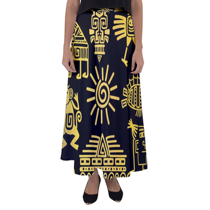 Maya-style-gold-linear-totem-icons Flared Maxi Skirt