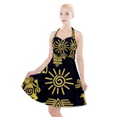 Maya-style-gold-linear-totem-icons Halter Party Swing Dress  by Salman4z