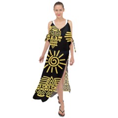 Maya-style-gold-linear-totem-icons Maxi Chiffon Cover Up Dress by Salman4z