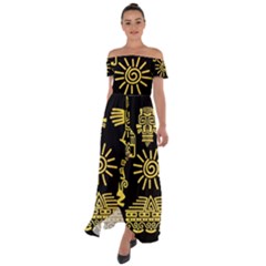 Maya-style-gold-linear-totem-icons Off Shoulder Open Front Chiffon Dress by Salman4z