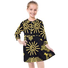 Maya-style-gold-linear-totem-icons Kids  Quarter Sleeve Shirt Dress by Salman4z