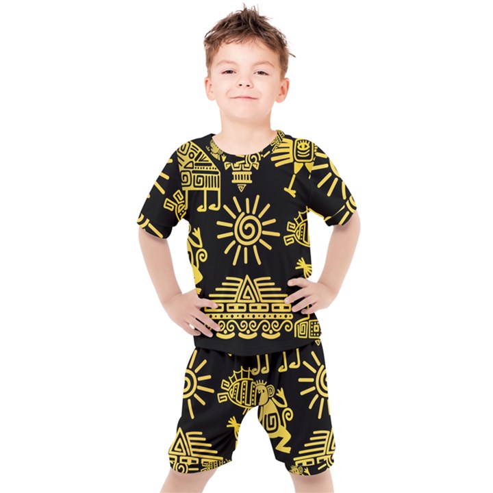 Maya-style-gold-linear-totem-icons Kids  Tee and Shorts Set