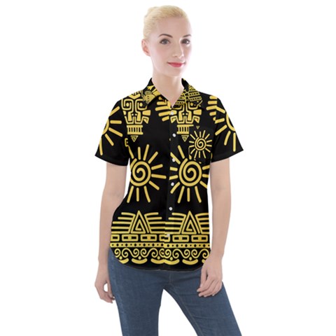 Maya-style-gold-linear-totem-icons Women s Short Sleeve Pocket Shirt by Salman4z