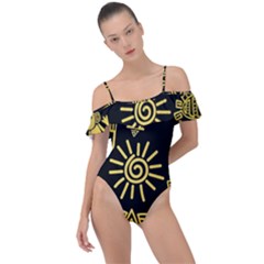 Maya-style-gold-linear-totem-icons Frill Detail One Piece Swimsuit by Salman4z