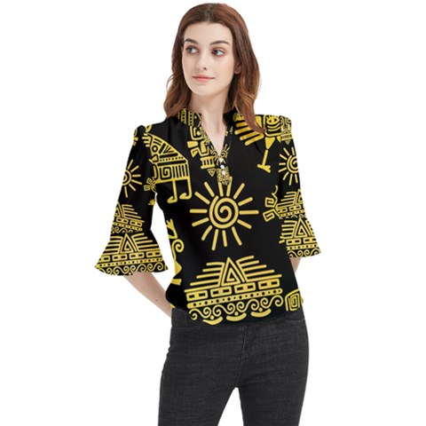 Maya-style-gold-linear-totem-icons Loose Horn Sleeve Chiffon Blouse by Salman4z