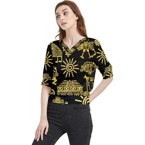 Maya-style-gold-linear-totem-icons Quarter Sleeve Blouse by Salman4z