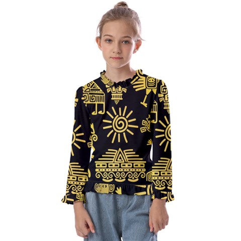 Maya-style-gold-linear-totem-icons Kids  Frill Detail Tee by Salman4z