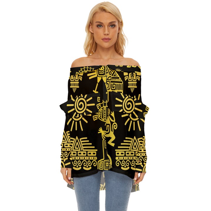 Maya-style-gold-linear-totem-icons Off Shoulder Chiffon Pocket Shirt