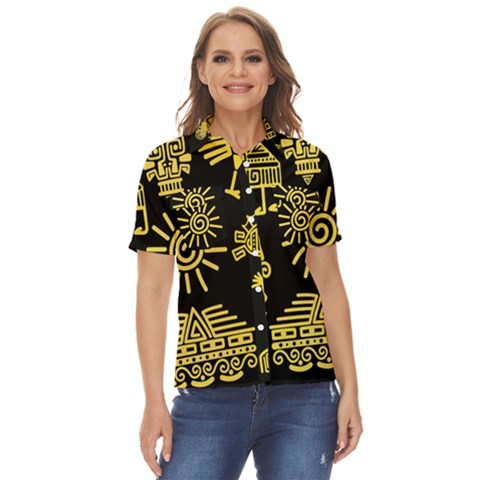 Maya-style-gold-linear-totem-icons Women s Short Sleeve Double Pocket Shirt by Salman4z