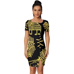 Maya-style-gold-linear-totem-icons Fitted Knot Split End Bodycon Dress by Salman4z