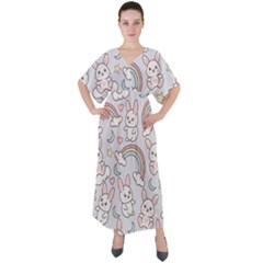 Seamless-pattern-with-cute-rabbit-character V-neck Boho Style Maxi Dress by Salman4z