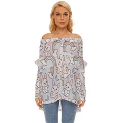 Seamless-pattern-with-cute-rabbit-character Off Shoulder Chiffon Pocket Shirt by Salman4z