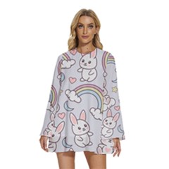 Seamless-pattern-with-cute-rabbit-character Round Neck Long Sleeve Bohemian Style Chiffon Mini Dress by Salman4z